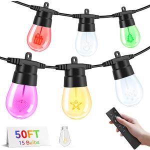 Brightever LED Outdoor String Lights, 50FT Patio Lights with 16 S14 Christmas Filament Bulbs, Dimmable&Speed Adjustment, Plug in IP65 Waterproof Outside Hanging Lights with Remote for Porch, Deck
