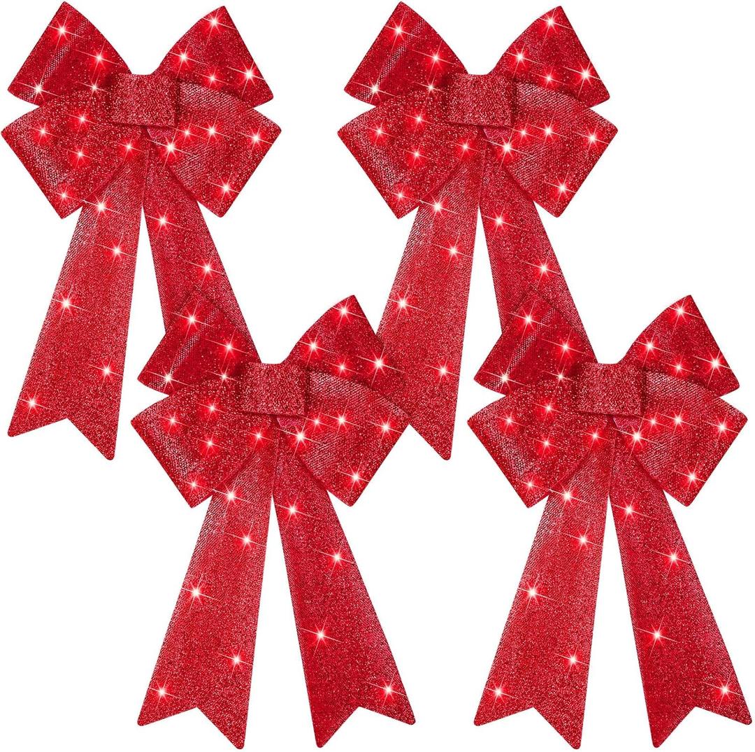 WILLBOND 4 Pcs LED Christmas Wreaths Bow 24 x 12'' Red Bow Lighted Christmas Tree Toppers Decor Pre Lit Christmas Bow Decoration for Holiday Indoor Outdoor Home Decor