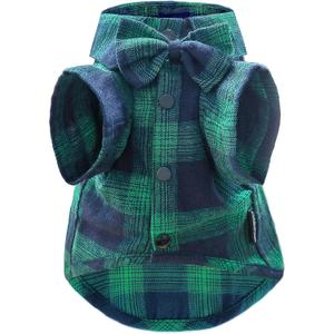 Plaid Dog Shirt,Soft Casual Pet Shirt Clothes, Dog Cotton Shirt with Bow Tie for Wedding,Christmas Costumes (Medium, Green&Blue)