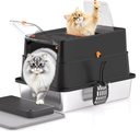 Stainless Steel Cat Litter Box, XL Enclosed Cat Litter Box with Lid, Easy to Clean High-Sided Metal Kitty with Top Entry, Scoop, Mat, Brush & Foot Pedal-Black