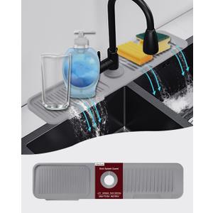 5 Slope Kitchen Sink Splash Guard-Gray Silicone Faucet Mat Handle Drip Catcher Tray Behind Faucet with Soap Dispenser Hole- 1 Pc Water Clear Gadgets for Sink Accessories 5 by 24 inch Long Organizer
