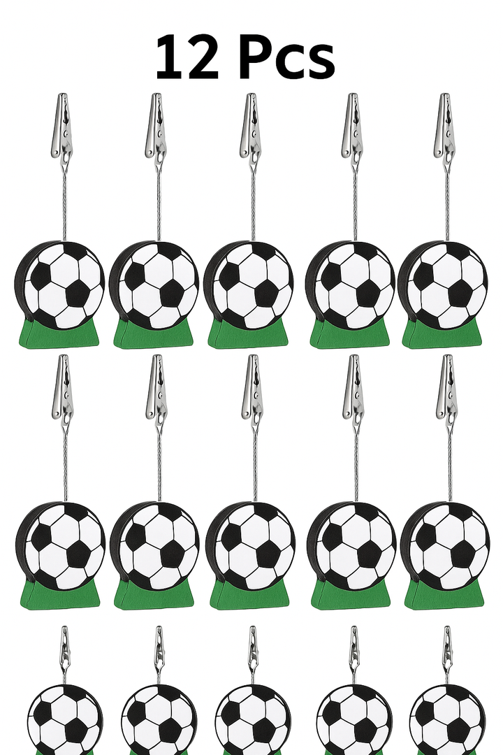 AceOrbit 12 Pcs Soccer Place Card Holder Wooden Picture Holders & Memo Clips Soccer Centerpieces for Tables Sports Ball Base Number Holders for Wedding Party Supplies