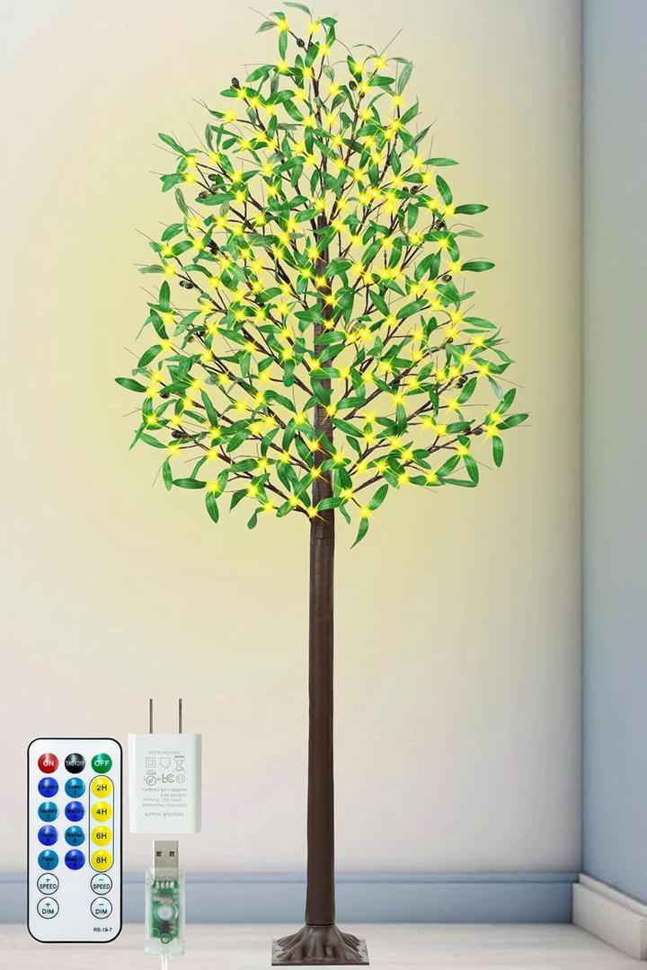 Lighted Olive Trees Artificial 7ft 170 LED Lights for Decoration Inside Outside, Prelit Fake Tree with 34 Fruits 340 Leaves Remote Electric Greenery Lights for Christmas Wedding Holiday Home Decor