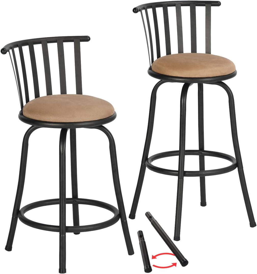 FurnitureR Kitchen Counter Barstools, Swivel Kitchen Counter-Height Stool with Backs and Footrest, Adjustable Bar Stools with Interchangeable Legs Armless, Set of 2, 24/29 Inch, Brown