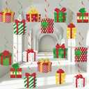 60 PCS Christmas Hanging Foil Swirls Decorations Gift Box Shape Hanging Swirls Ceiling Decorations Present Box Cutouts Party Supplies for Xmas Winter Holiday Birthday Outdoor Indoor Party Favor