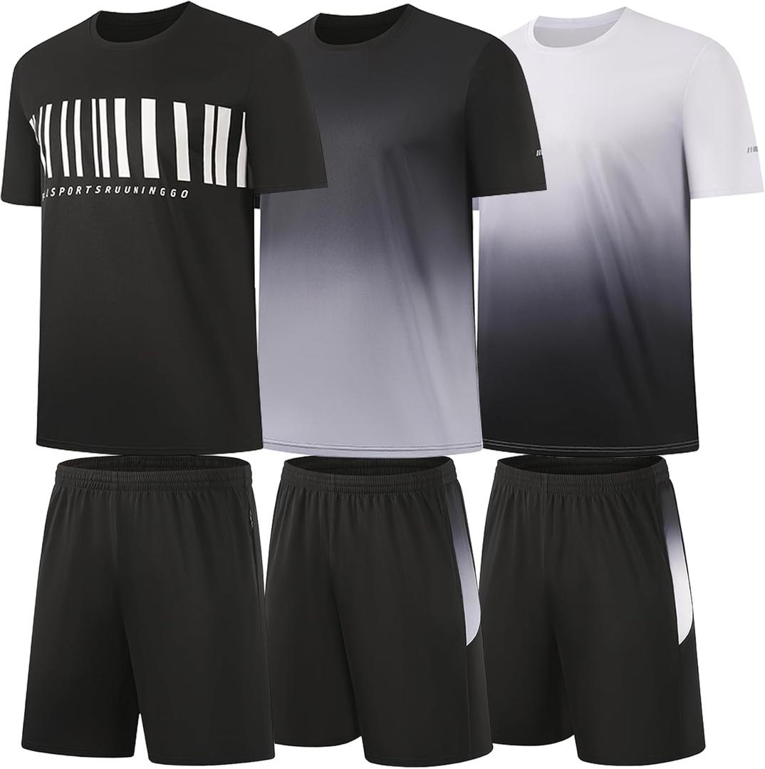 BUYJYA 3 Pack Men's Gym Shorts Shirt Set Workout Athletic Basketball Running Football Elastic Waist with Pocket Gifts (Large, Black-white-grey)