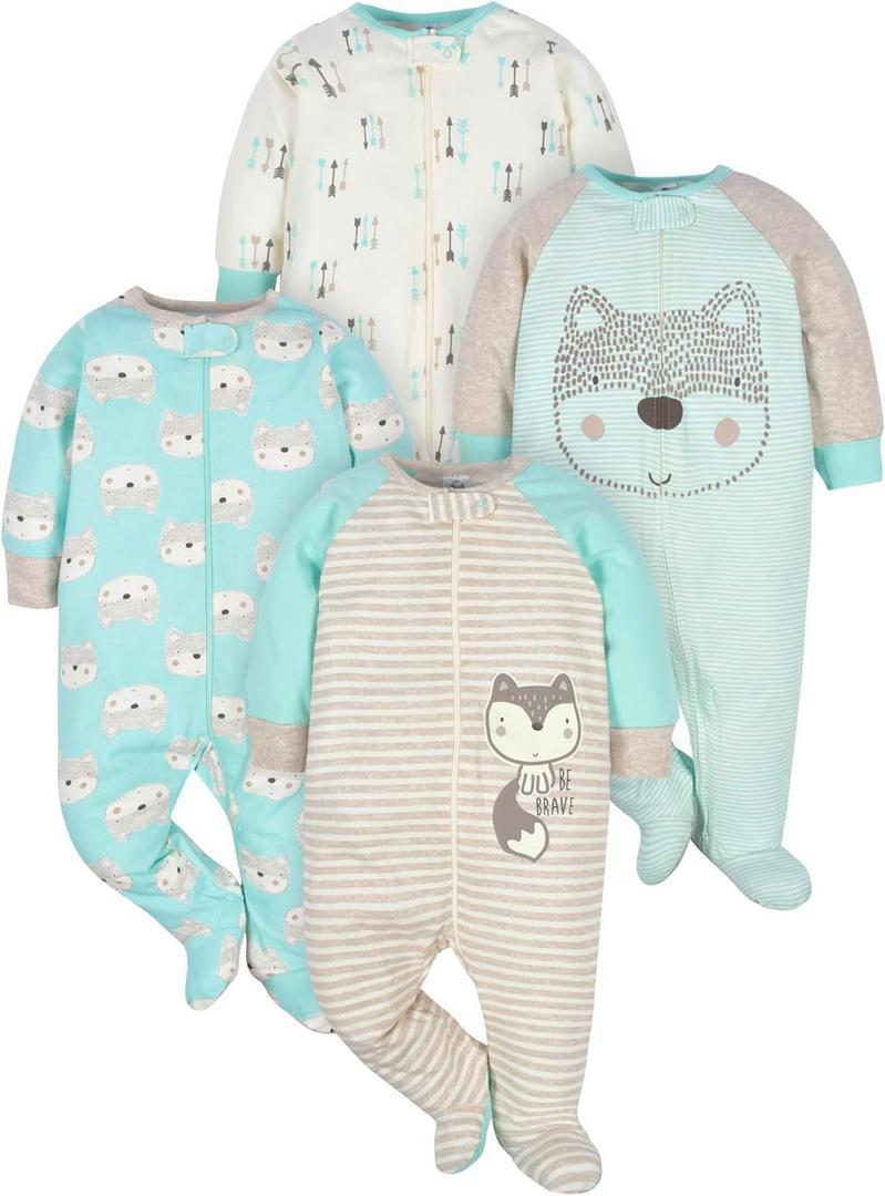 Gerber Baby Girls 4 Pack Sleep 'N Play Footie (Preemie, Aqua Fox)