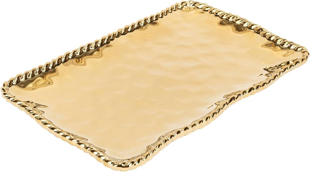 Gold Titanium Plated Porcelain Platter with Rope Edge - Luxurious Serveware for Any Occasion, 14.25"