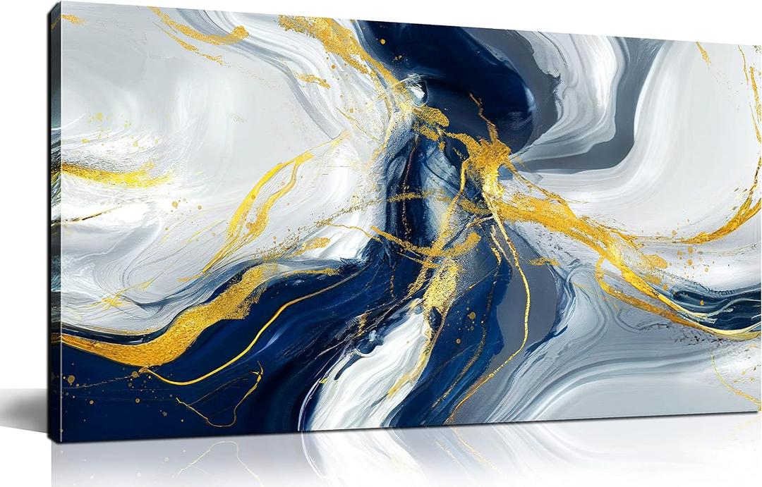 Kepgonegu Large Abstract Wall Art Modern Blue Golden Grey Abstract Picture Large Canvas Prints for Living Room Bedroom Size 30x60
