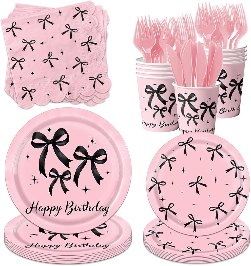 150 Pcs Pink and Black Bow Birthday Decorations,Coquette Themed Party Supplies,Black Bow Paper Plates,Napkins Cups for Coquette Baby Birthday Decor,Serves 25