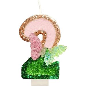 Pink and Green Birthday Number 2 Candle Party Decoration, Butterfly Glitter Cake Candles, Princess and Witch Themed Party Cake Topper (Number 2)