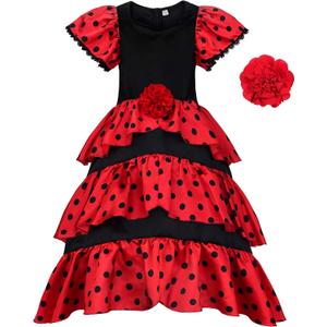 ReliBeauty Girls Flamenco Costume Spanish Dancer Skirt Kids Halloween Fancy Dress with Red Flower (5/120)