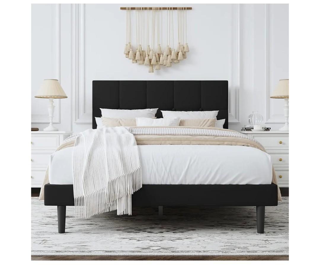 Full Size Bed Frame with Upholstered Headboard – Heavy Duty Platform Full Bed Frame with Sturdy Wood Slats, No Box Spring Needed, Noise-Free, Easy Assembly, Modern Bedroom Furniture (Black, Full)