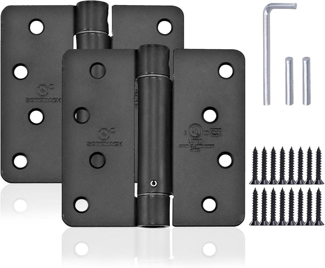 SORGMACH Self Closing Door Hinge 4 inch Matte Black Auto Close Hinges Adjustable 4 x 4 Inch Spring Hinges Door Closer Hinge 1/4" Radius Corner Commercial Auto Self-Closing Hinge UL Listed, 2 Pieces