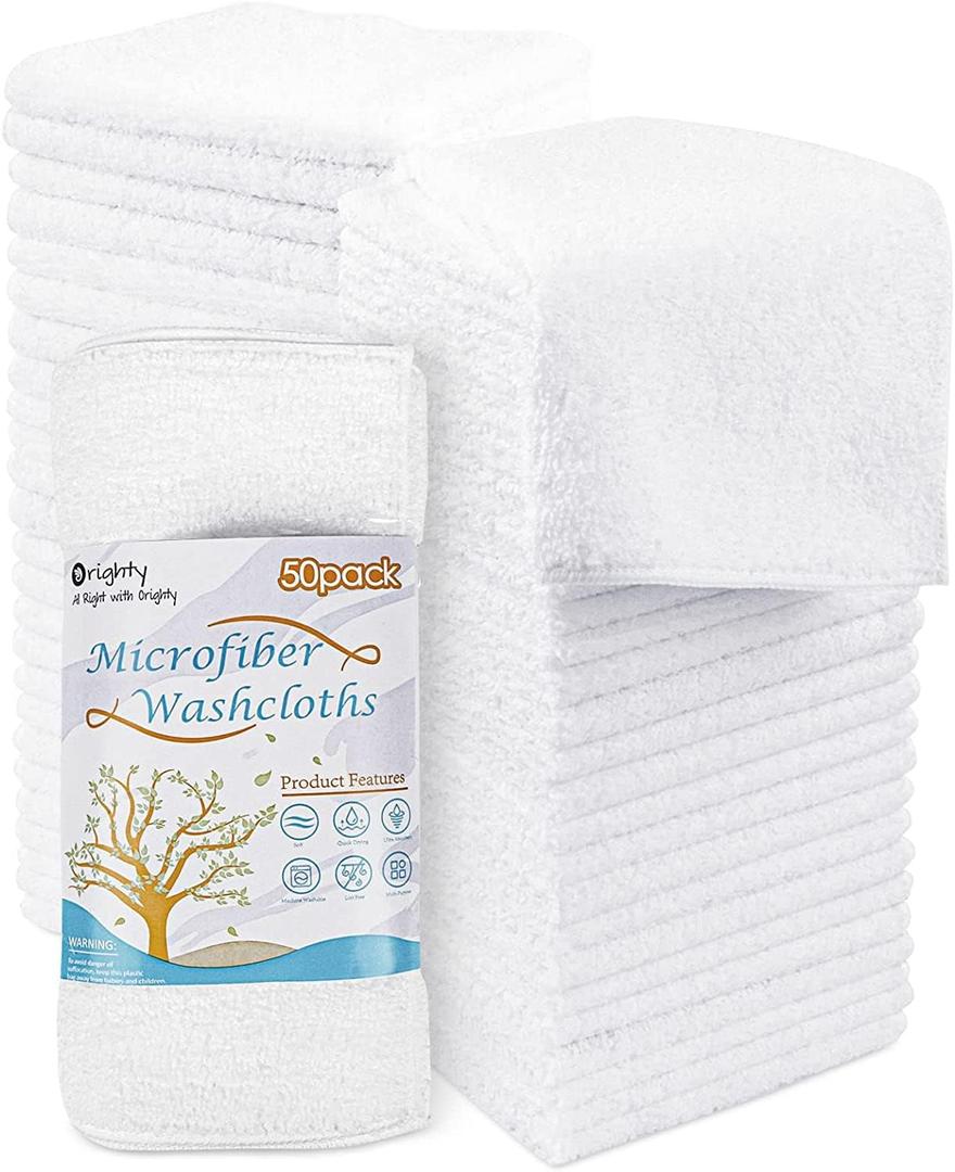 Orighty Washcloths Bulk Towels Set 50 Pack, Highly Absorbent and Soft Feel Microfiber Face Cloths, Multi-Purpose Wash Cloths & Hand Towels for Bathroom, Hotel, Spa, and Gym, 12x12 Inch (White)