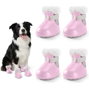 Dog Shoes for Small Medium Large Dogs, Winter Dog Snow Boots & Paw Protectors Waterproof for Cold Weather & Hard Floors, Adjustable Anti-Slip Dog Booties with Removable Wool Liner (Pink, Size 5)