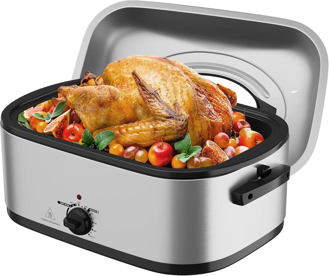 Sunvivi Electric Roaster Oven with Visible Self-Basting Lid, 24 Quart Turkey Roaster Oven with Removable Pan and Rack,Stainless Steel,Silver