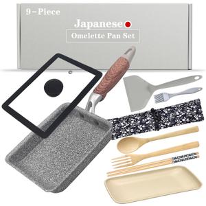 9Pcs Tamagoyaki Pan Set, Japanese Omelette Pan Nonstick with Lid, Square Japanese Egg Skillet Rectangle 7"x5" Grey (Gray)