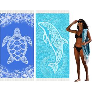 Widdonen Thin Turkish Beach Towel Lightweight Quick Dry Absorbent Cotton Bathroom Bath Pool Swim Towels Extra Large Oversized Sand Free Beach Accessories Essentials Cloud Gifts for Adult (X-Large(79 x 36 inches,200 x 90 cm), 2 Pack Dark Blue Turtle Blue Dolphin)
