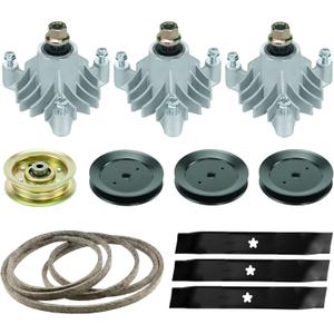 46 Lawn Mower Deck Rebuild Kit Compatible with YTH1746 YTH2046 GTH250,143651 532137152, 3 Spindle Assemblies + 3 Flat Pulleys + 3 Blades + 1 Idlers + 1 Belt (Length 95 1/2" Width 1/2")