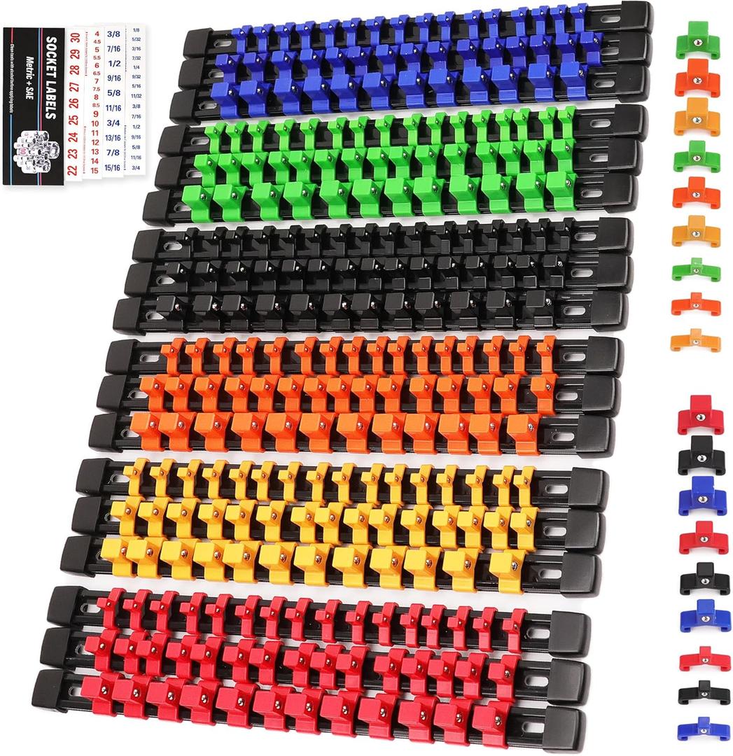 SWANLAKE Socket Organizer Set 18-Piece, 1/4-Inch x 96 Clips, 3/8-Inch x 90 Clips, 1/2-Inch x 72 Clips, Socket Organizer for Tool Box Drawer, Drive Socket Trays, Socket Holder Clip Rail