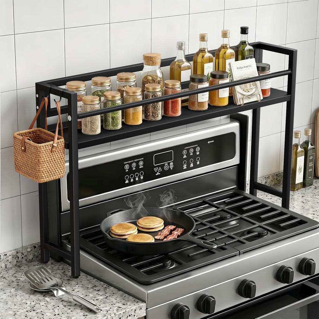 Brakki Spice Rack Over the Stove Shelf with 2 Hooks for Kitchen Organizer