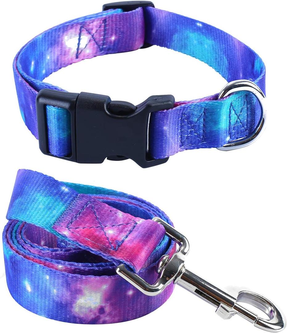 2PCS Cat Dog Collar and Galaxy Leash Set Pet Gift Adjustable Dogs Space Collars for Small to Large Pets (Small) (S (7"-12"))