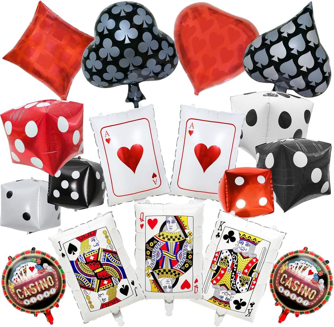 17 Pcs Casino Balloons Decorations Set with Large Dice and Poker Card Foil Balloons for Casino Night, Las Vegas Theme Party, Poker Game Night Birthday Supplies