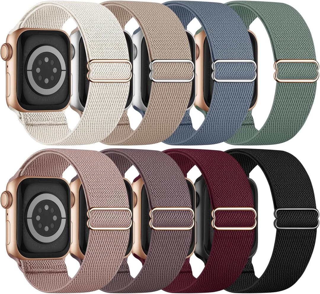 8 Pack Stretchy Solo Loop Band Compatible with Apple Watch Bands for Women Men 40mm 38mm 41mm 42mm 44mm 45mm 46mm 49mm, Nylon Braided Strap for iWatch Series 11 10 9 8 7 6 SE 5 4 3 Ultra 3 Ultra 2 (Black/Starlight/Pink/Cactus/Milk Tea/Smoke Violet/Blue Gray/)