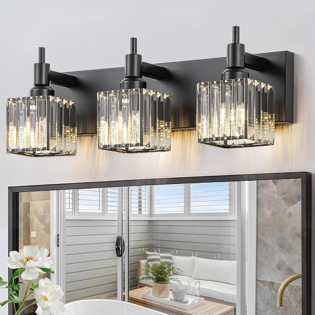 Black Crystal Bathroom Vanity Light 3-Light Modern Bathroom Lighting Fixtures Over Mirror, Black Wall Sconce Light Fixtures with Square Shade