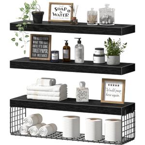 QEEIG Bathroom Shelves 24 inches Long - Floating Shelf for Wall Over Toilet Paper Storage Basket Farmhouse Set of 3, Black (019-60B3)