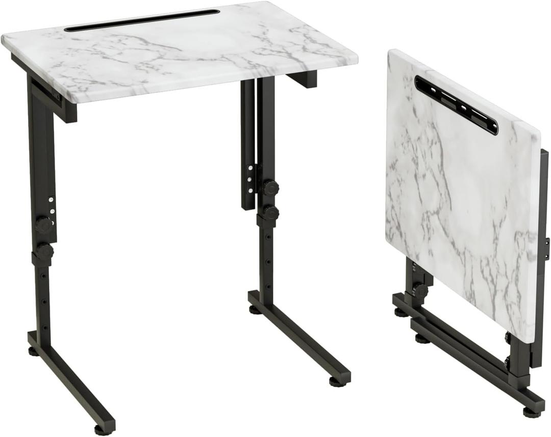 TV Tray, Folding TV Dinner Table, Adjustable Small C-Shaped End Tray for Eating, Foldable Slide Under Couch Side Table for Recliner, Living Room, Bedroom, No Assembly Required(White Marble)