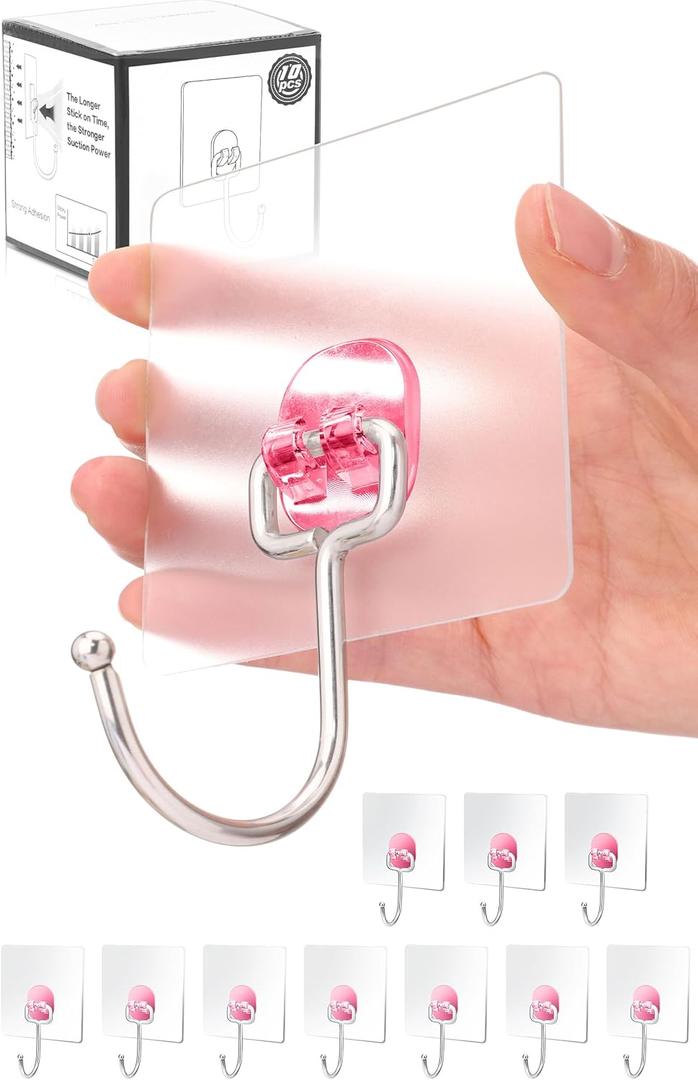 Antimbee 10-Pack Large Adhesive Hooks, Wreath Hangers, Heavy Duty Adhesive Hooks 37 lb(Max), Sticky Wall Hook fit Home, Bathroom, Kitchen, Office and Outdoor (Transparent Pink)