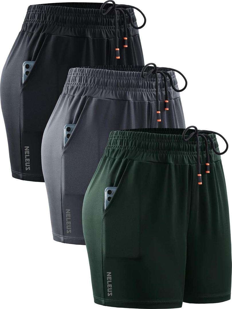 NELEUS Women's Lightweight Running Shorts Workout Athletic Short for Yoga with Pocket (XX-Large, 4" Inseam: Black/Grey/Blackish Green, 3 Pack)