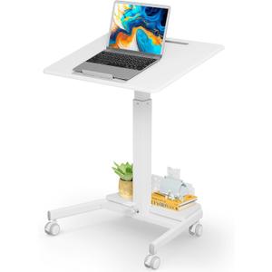 JOY worker Mobile Standing Desk with 90 Tilting Desktop, Foot Pedal Pneumatic Height Adjustable Rolling Desk, Mobile Laptop Cart with Width Adjustable Storage Base, 4 Lockable Wheels, White