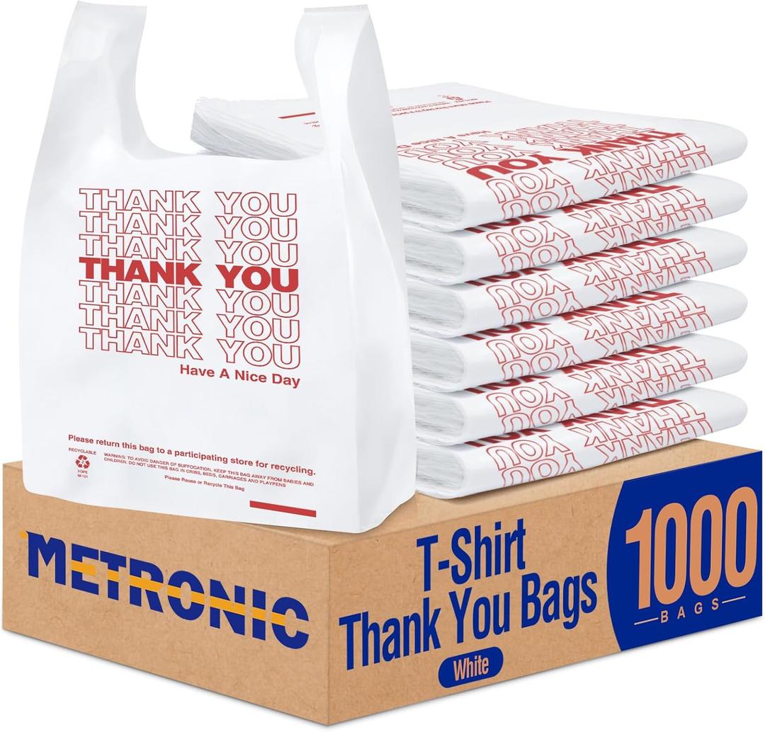 METRONIC 1000 Count White Thank You Bags with Handles, 11.5" x 6.5" x 21" Plastic Carry Bags for Retail, Supermarket, Grocery Shopping Bag for T-shirt Packaging, Takeout, Convenience Stores, in Bulk