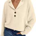 LILLUSORY Womens V Neck Pullover Sweaters Casual Cable Knit Chunky Warm Cute Tops with Collar Polo (Medium, Apricot)