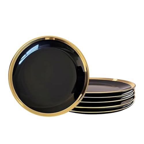 Loymokinar Dinner Plates, Set of 5, 10 inch, Black Porcelain with Gold Trim, Black Plates, Gold Ceramic Plates, Ideal for Desserts and Appetizers.