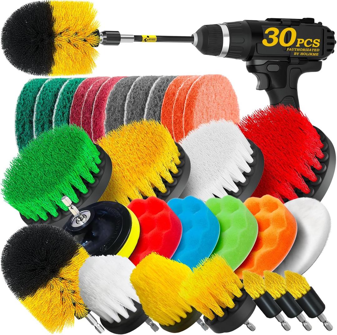 Holikme 30Pack Drill Brush Attachments Set, Scrub Pads & Sponge, Power Scrubber Brush with Extend Long Attachment All Purpose Clean for Grout, Tiles, Sinks, Car Polishing Pads (Yellow)