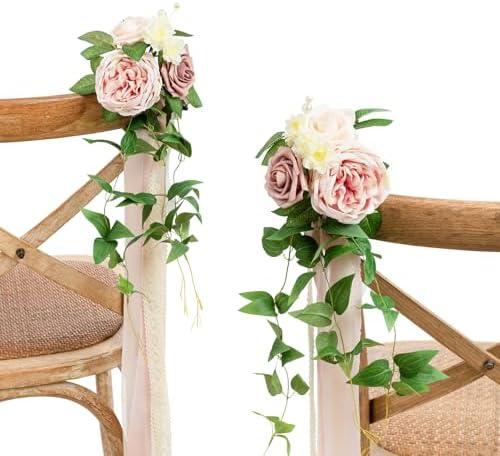 Ling's Moment 8pcs Wedding Artificial Aisle Pew Flowers Chair Decorations Arrangements with Chiffon Ribbons Dusty Rose Cream for Ceremony Chair Back Floral Decor Reception Church Party Outdoor
