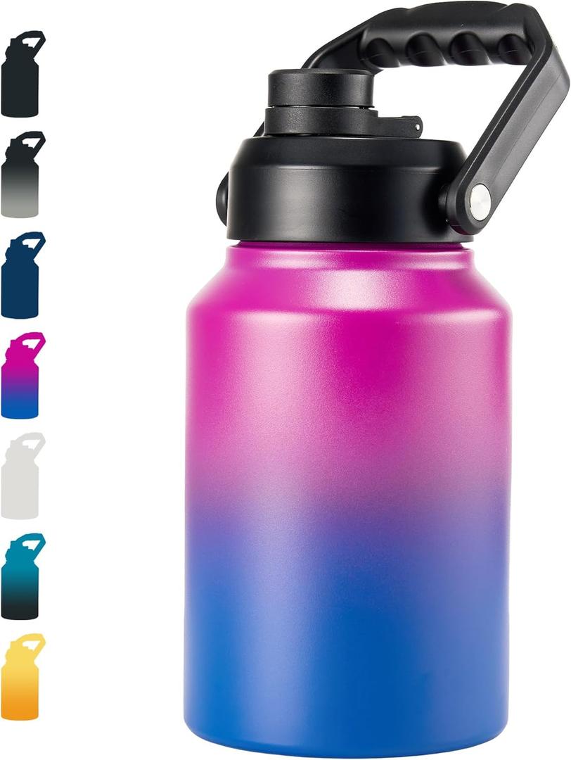 Fijinhom Insulated Half Gallon Jug, Large 64oz Stainless Steel Insulated Water Bottles with Handle, Double-Wall Vacuum Insulation for Construction Sites, Camping and Hiking, Red & Blue