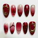 Wine Red Press on Nails Medium Almond Fake Nails Embossed Golden French Tip False Nails with Stars Designs Gradient Acrylic Nails Full Cover Handmade Press on Nails for Women DIY Manicure 30 Pcs