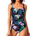 Aqua Eve One Piece Bathing Suit for Women Tummy Control Swimsuit Slimming Vintage Swimwear, Medium
