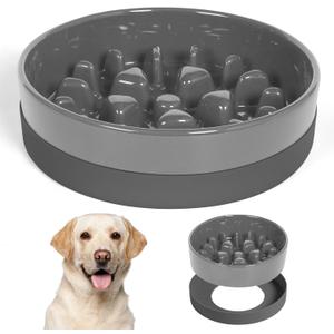Sted Ceramic Slow Feeder Dog Bowl for Medium Large Breed, Puzzle Dog Food Bowl with Silicone Base, Maze Grey (Large-9.5 inches)