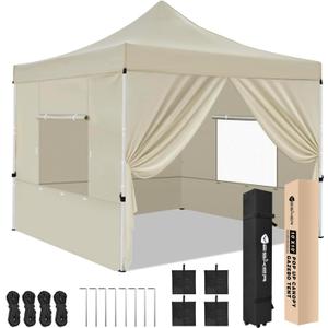 Yesker 10x10 Pop Up Canopy Tent with 4 Sidewalls Portable Folding Outdoor Canopy Easy Setup Gazebo Waterproof Instant Shelter Tent w Wheel Carry Bag sandbag for Events Parties Camping, Khaki Brown