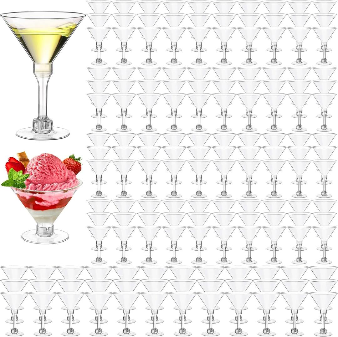 200 Pcs Plastic Martini Glasses 5 oz Disposable Cocktail Glasses Tall Mini Martini Plastic Cups Unbreakable Appetizer Dessert Cups for Margarita Wine Champagne Ice Cream Wedding Party Bar Event