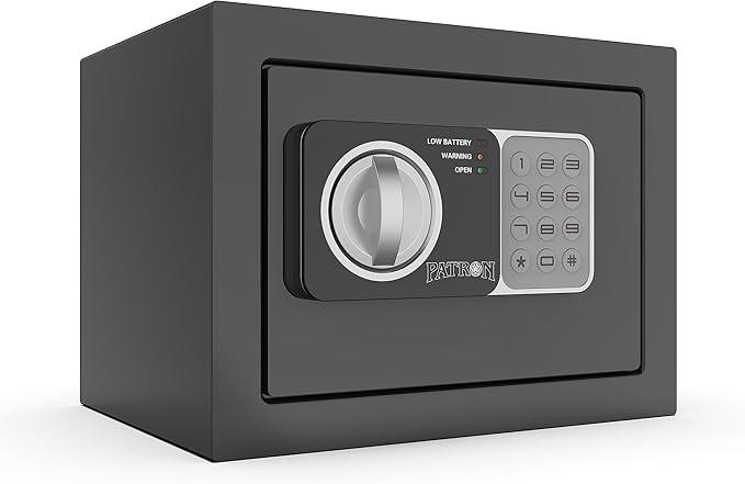 PATRON small safe box with key，mini safe for money，small coin safes for home with code，little jewelry lock box for kids，Wall or Cabinet Safe for personal items，0.236 Cubic Feet Black