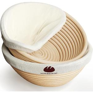 Superbaking 2 pcs Banneton Bread Proofing Basket, 9" SplinterFree Round Rattan Bread Basket with Liners, Sourdough Starter Kit, Sourdough Bread Baking Supplies & Sourdough Kit, Bread Making Tools