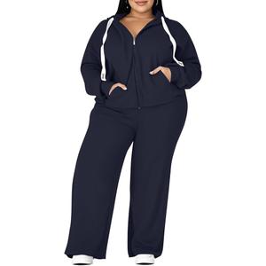 UOUA Plus Size Womens 2 Piece Sweatsuits Outfits Zip Up Jackets & Wide Leg Sweatpants Casual Loungewear Tracksuit Sets (5X-Large, Navy Blue)