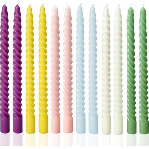 Colored Taper Candles Spiral Candle Sticks in Rainbow Colors,Unscented Pastel Candle for Holiday,Wedding and Home Decoration,10inch,12 Pack(E-6colored)